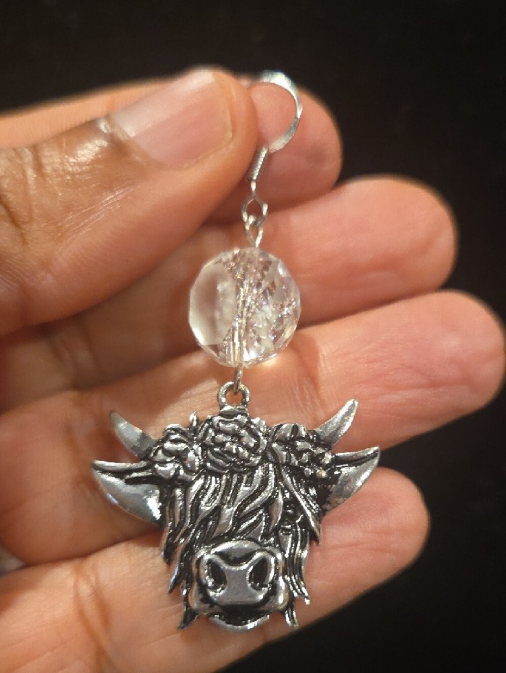 Silver Highland Cow Dangle Earrings with Clear Bead - Women Jewelry - Picture 3 of 5